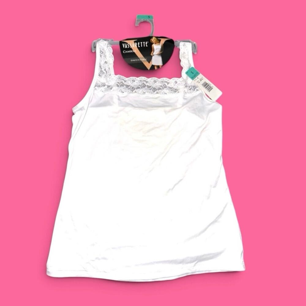 NWT Vassarette White Lace Trim Microfiber Camisole Top sz S Square Neck Coquette